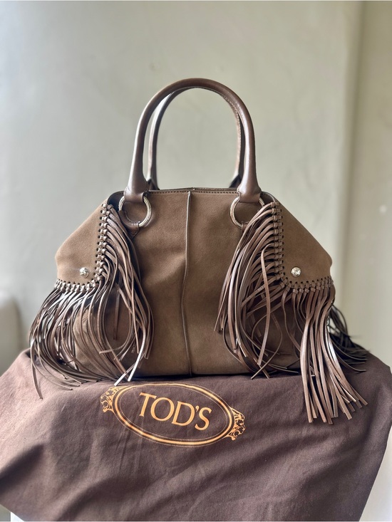 Tod's Handbags - TOD’S Large Fringe Cape Bag Suede Leather Satchel Brown